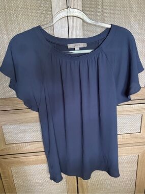 LOFT XS Navy Flutter-Sleeve Blouse with Gathered Neck